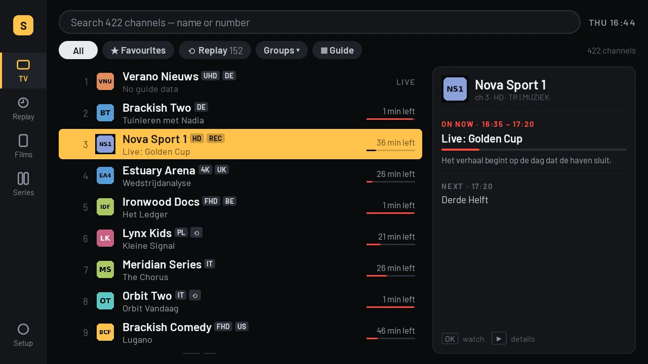 The channel list, with what is on now and how long is left