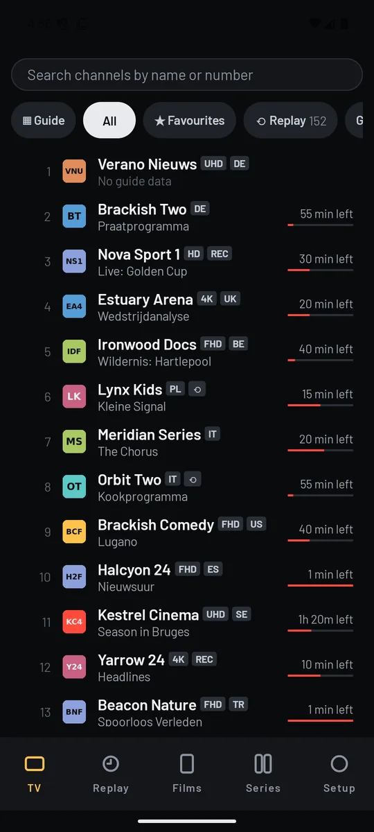The channel list on a phone, with what is on now and how long is left